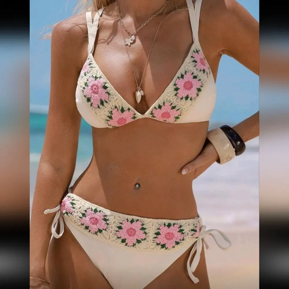 Crochet Floral Trim White Bikini Set For Women Sz M